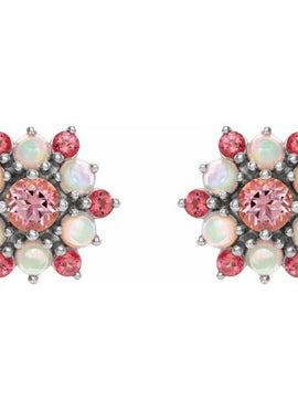 14K White Gold Natural Pink Tourmaline & Natural Ethiopian Opal Cabochon Earrings