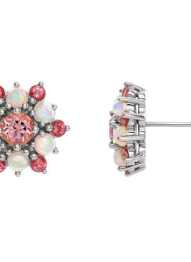 14K White Gold Natural Pink Tourmaline & Natural Ethiopian Opal Cabochon Earrings
