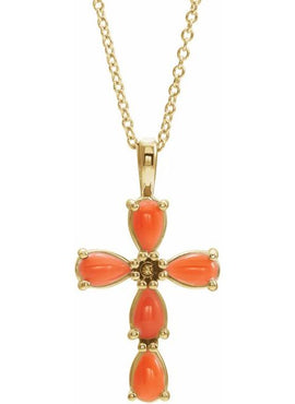 14K White Gold Natural Pink Coral Cabochon Cross Pendant
