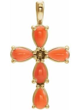 14K White Gold Natural Pink Coral Cabochon Cross Pendant