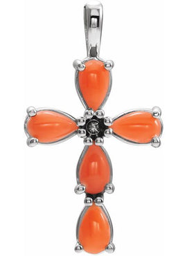 14K White Gold Natural Pink Coral Cabochon Cross Pendant