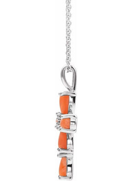 14K White Gold Natural Pink Coral Cabochon Cross Pendant