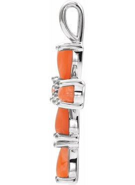14K White Gold Natural Pink Coral Cabochon Cross Pendant