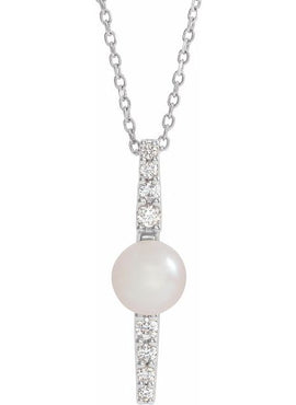 14K White Gold Cultured White Freshwater Pearl & 1/6 CTW Natural Diamond Pendant