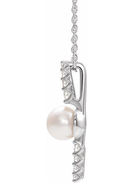 14K White Gold Cultured White Freshwater Pearl & 1/6 CTW Natural Diamond Pendant