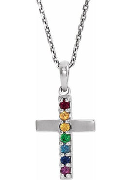 14K White Gold Natural Multi-Gemstone Cross Pendant
