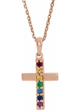 14K White Gold Natural Multi-Gemstone Cross Pendant