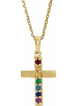 14K White Gold Natural Multi-Gemstone Cross Pendant