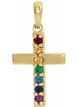 14K White Gold Natural Multi-Gemstone Cross Pendant