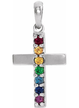 14K White Gold Natural Multi-Gemstone Cross Pendant