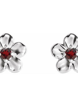 14K White Gold Imitation Mozambique Garnet January Birthstone Flower Earrings
