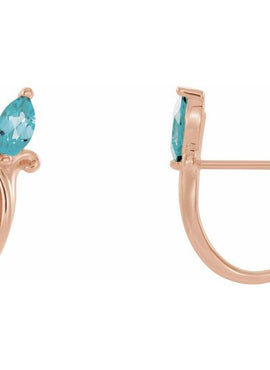 14K White Gold Natural Blue Zircon Floral J-Hoop Earrings