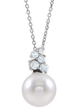 14K White Gold Cultured White Freshwater Pearl & 1/4 CTW Natural Diamond Pendant
