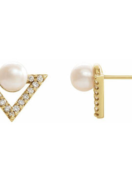 14K Yellow Gold Cultured White Freshwater Pearl & 1/5 CTW Natural Diamond Earrings