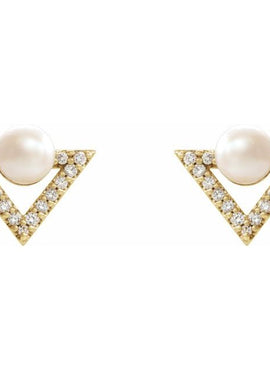 14K Yellow Gold Cultured White Freshwater Pearl & 1/5 CTW Natural Diamond Earrings