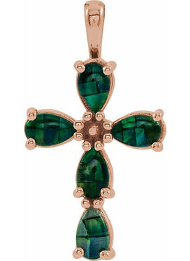 14K White Gold Natural Pink Coral Cabochon Cross Pendant