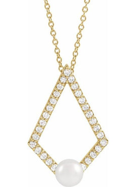 14K White Gold  Cultured White Freshwater Pearl and 1/4 CTW Natural Diamond Pendant