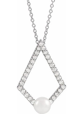 14K White Gold  Cultured White Freshwater Pearl and 1/4 CTW Natural Diamond Pendant