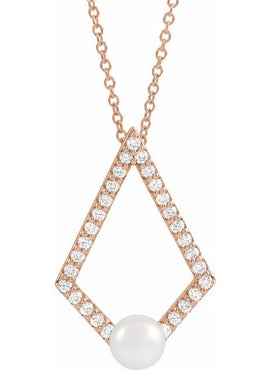 14K White Gold  Cultured White Freshwater Pearl and 1/4 CTW Natural Diamond Pendant
