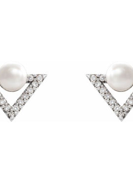 14K Yellow Gold Cultured White Freshwater Pearl & 1/5 CTW Natural Diamond Earrings