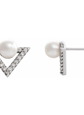 14K Yellow Gold Cultured White Freshwater Pearl & 1/5 CTW Natural Diamond Earrings