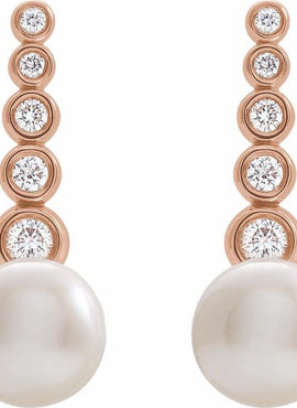 14K White Gold Cultured White Freshwater Pearl & 1/8 CTW Natural Diamond Earrings