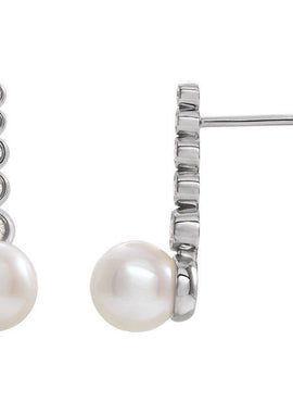 14K White Gold Cultured White Freshwater Pearl & 1/8 CTW Natural Diamond Earrings