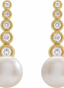 14K White Gold Cultured White Freshwater Pearl & 1/8 CTW Natural Diamond Earrings