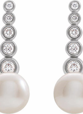 14K White Gold Cultured White Freshwater Pearl & 1/8 CTW Natural Diamond Earrings