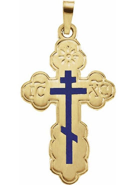 14K Yellow Gold 32x21 mm Blue Enamel Orthodox Cross Pendant