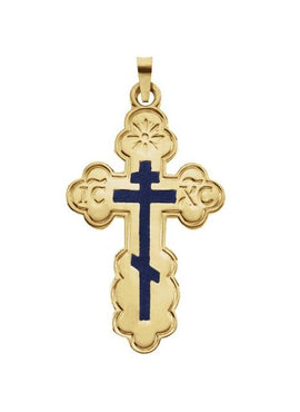 14K Yellow Gold 32x21 mm Blue Enamel Orthodox Cross Pendant