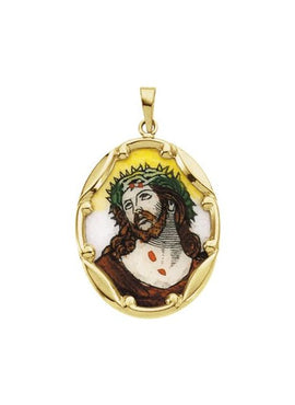 14K Yellow Gold 13x10 mm Face of Jesus Hand-Painted Porcelain Medal