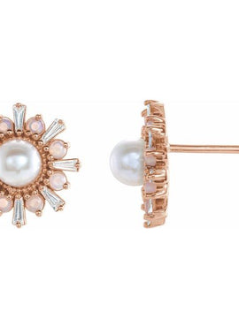 14K White Gold Cultured White Akoya Pearl, Natural White Opal & 1/6 CTW Natural Diamond Earrings