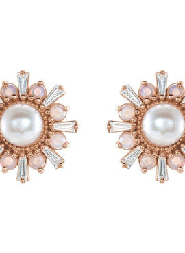 14K White Gold Cultured White Akoya Pearl, Natural White Opal & 1/6 CTW Natural Diamond Earrings
