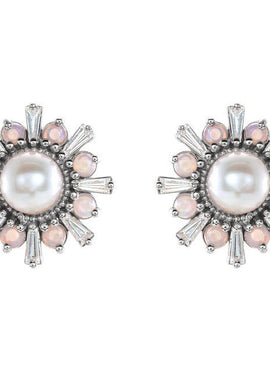 14K White Gold Cultured White Akoya Pearl, Natural White Opal & 1/6 CTW Natural Diamond Earrings