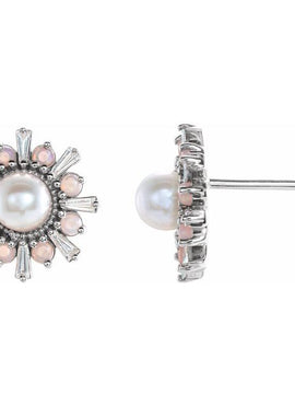 14K White Gold Cultured White Akoya Pearl, Natural White Opal & 1/6 CTW Natural Diamond Earrings