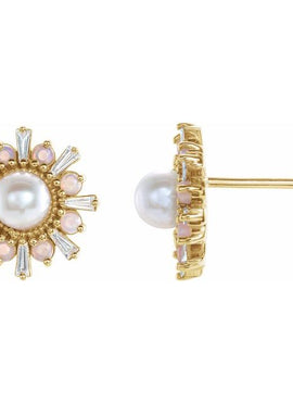 14K White Gold Cultured White Akoya Pearl, Natural White Opal & 1/6 CTW Natural Diamond Earrings