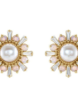 14K White Gold Cultured White Akoya Pearl, Natural White Opal & 1/6 CTW Natural Diamond Earrings