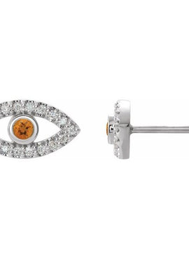 14K White Gold Natural Blue Sapphire & 1/8 CTW Natural Diamond Evil Eye Earrings