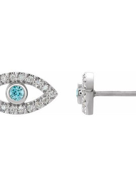 14K White Gold Natural Blue Sapphire & 1/8 CTW Natural Diamond Evil Eye Earrings