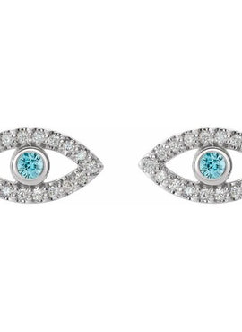 14K White Gold Natural Blue Sapphire & 1/8 CTW Natural Diamond Evil Eye Earrings