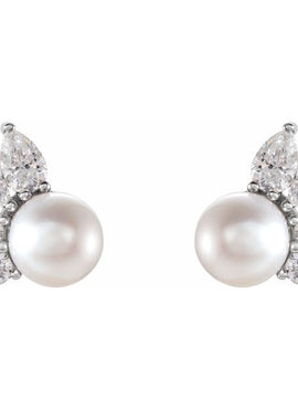 14K White Gold Cultured White Akoya Pearl & 1/2 CTW Natural Diamond Earrings
