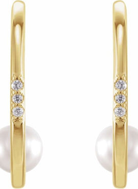 14K White Gold Cultured White Freshwater Pearl & .025 CTW Natural Diamond Hoop Earrings