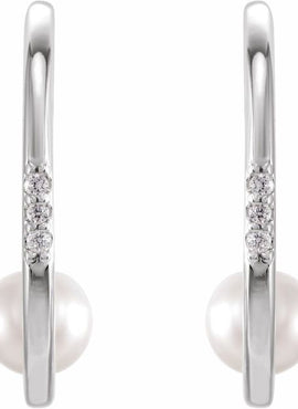 14K White Gold Cultured White Freshwater Pearl & .025 CTW Natural Diamond Hoop Earrings
