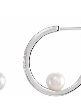 14K White Gold Cultured White Freshwater Pearl & .025 CTW Natural Diamond Hoop Earrings