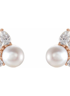 14K White Gold Cultured White Akoya Pearl & 1/2 CTW Natural Diamond Earrings