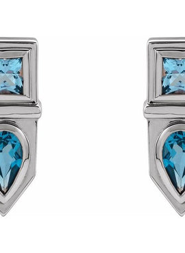 14K White Gold Natural Blue Multi-Gemstone Geometric Bar Earrings