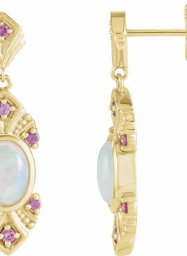 14K White Gold Natural Ethiopian Opal & Natural Pink Sapphire Vintage-Inspired Earrings