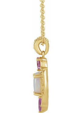 14K White Gold Natural White Opal, Natural Pink Sapphire & 1/10 CTW Natural Diamond Pendant
