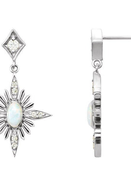 14K White Gold Natural White Opal & 1/6 CTW Natural Diamond Star Earrings